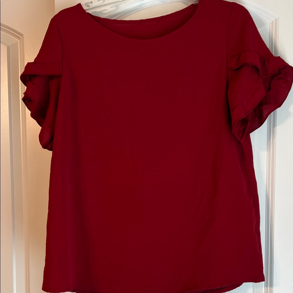 SHEIN Deep Red Ruffle Sleeve Blouse